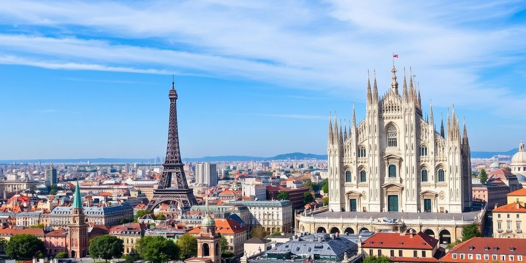 Vue aérienne de Paris et Milan, symbolisant le voyage.